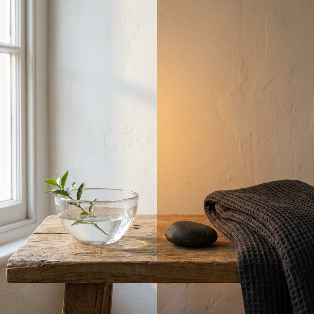 A rustic oak table split by morning dawn light with a water bowl and evening dusk shadow with a dark stone and linen throw