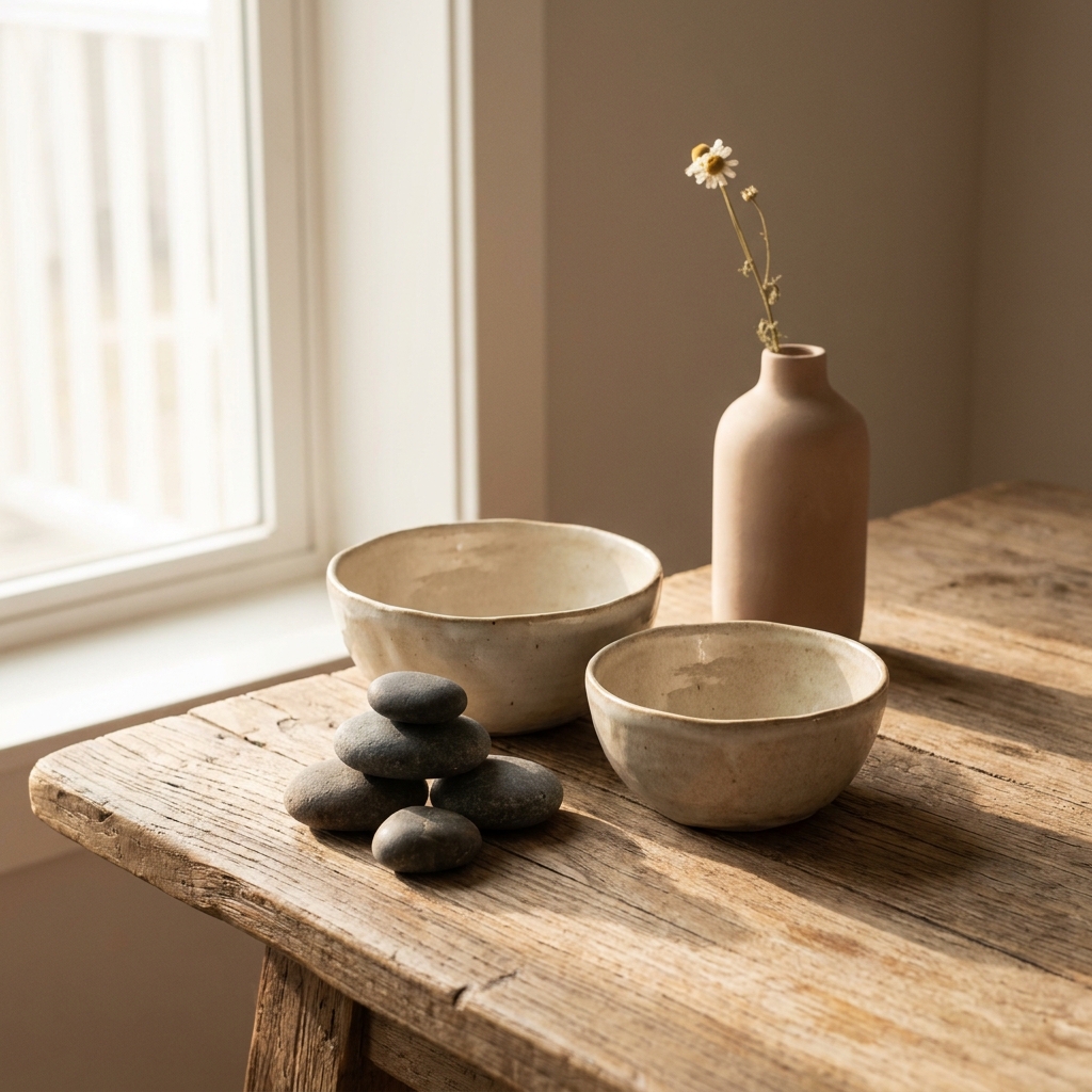 A minimalist still life of two handcrafted ceramic dishes and river stones on a rustic oak table in morning light representing balance
