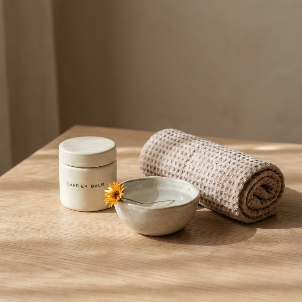 Handcrafted ceramic skincare jar, a ceramic bowl with a yellow flower, and a rolled organic linen towel on a rustic light oak table in soft morning light