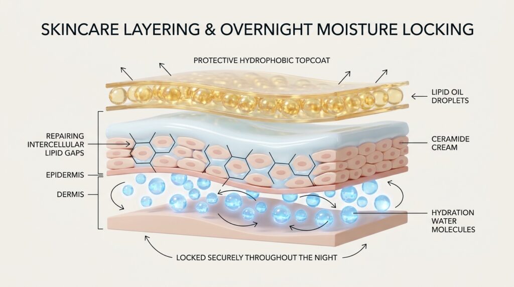 An educational 3D dermatology diagram showing lipid oil pressed over ceramide cream to lock in deep hydration overnight