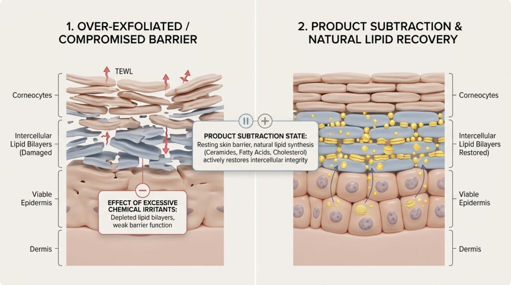 An educational 3D dermatology diagram showing how product subtraction allows keratinocytes to recover natural lipid synthesis and repair an over-exfoliated barrier