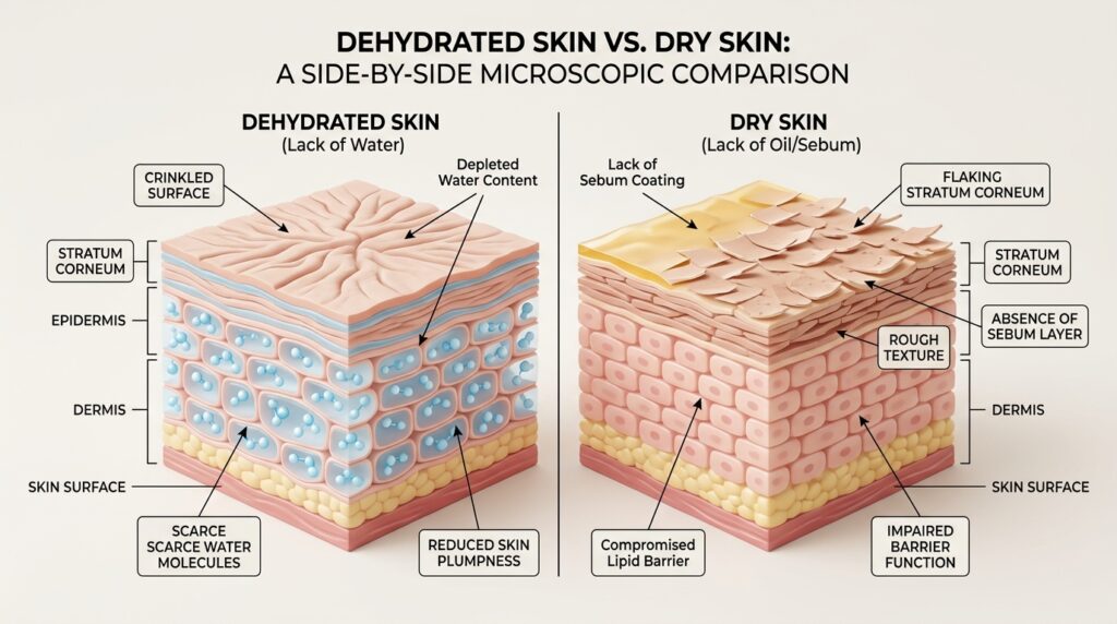 An educational 3D dermatology diagram comparing crepey dehydration surface lines with dry skin showing a lack of natural sebum lipids