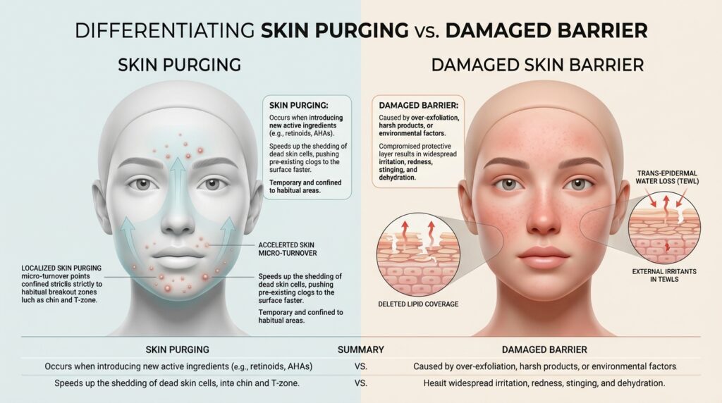 An educational 3D dermatology diagram comparing localized skin purging in typical breakout zones with widespread sensitivity from a damaged barrier