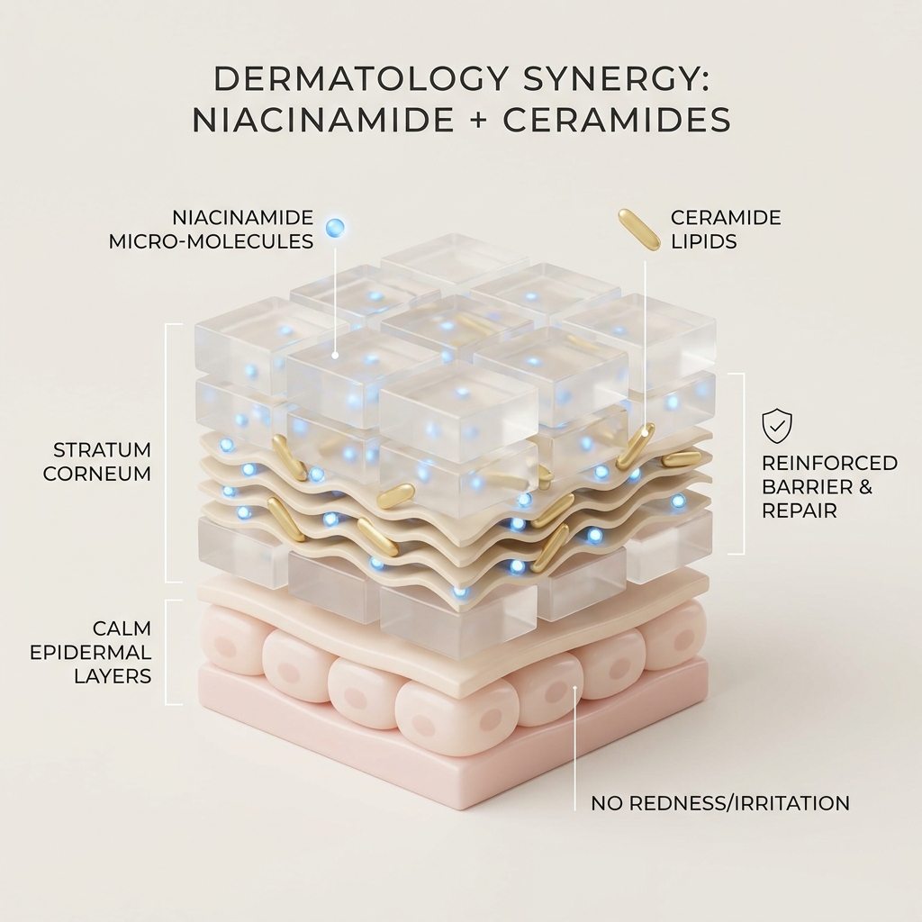 An educational 3D dermatology diagram showing low-concentration niacinamide and ceramides strengthening the skin lipid barrier without irritation