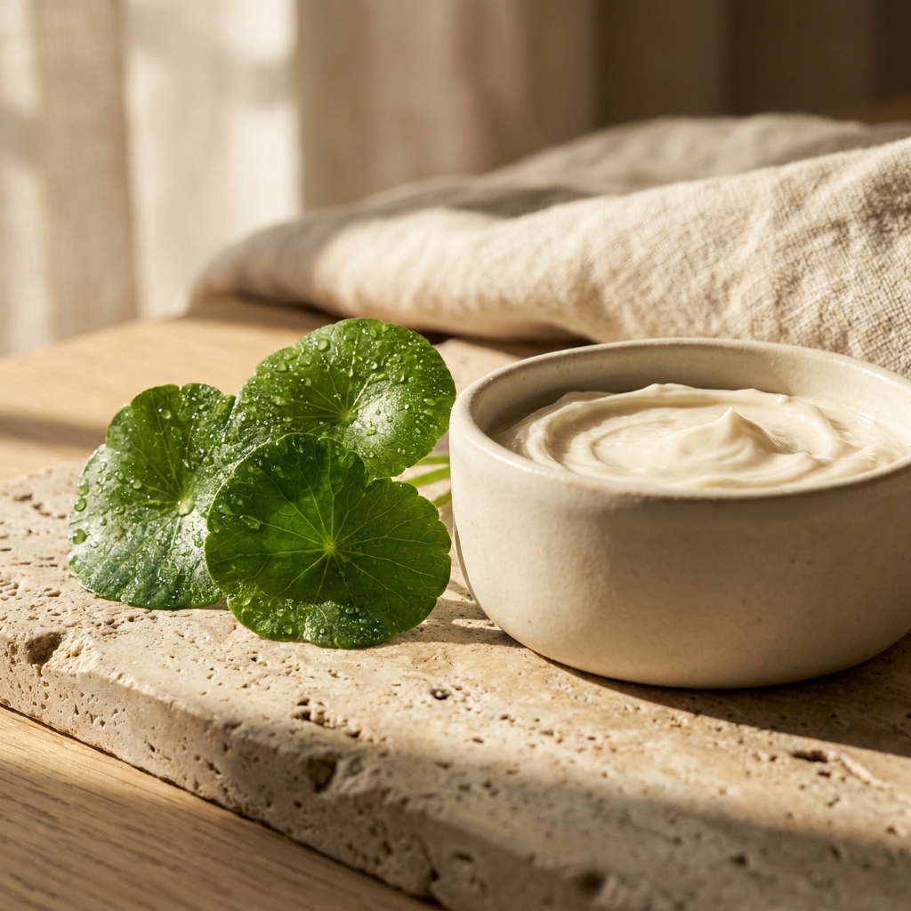 Fresh green Centella Asiatica leaves with dew droplets beside a ceramic dish of velvety Panthenol cream in bright morning sunlight