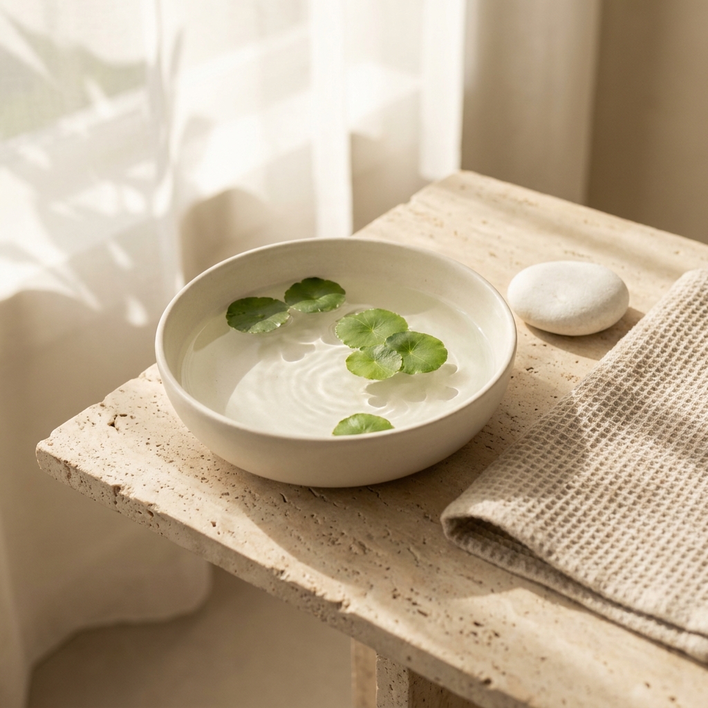 A handcrafted ceramic bowl of water with floating fresh centella leaves and a white river stone on a travertine table in morning sunlight