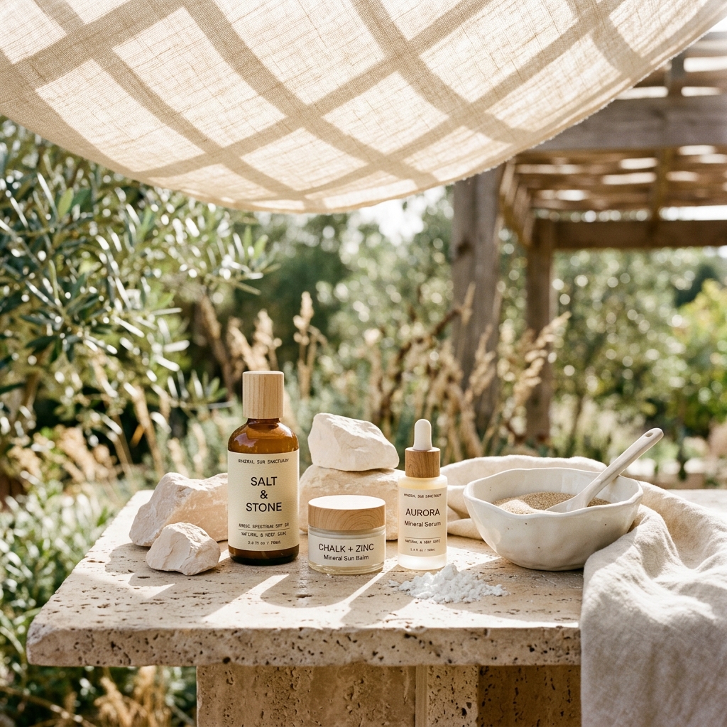 A sunlit still life of raw pale mineral stones and a white ceramic bowl under draped linen fabric on a travertine table