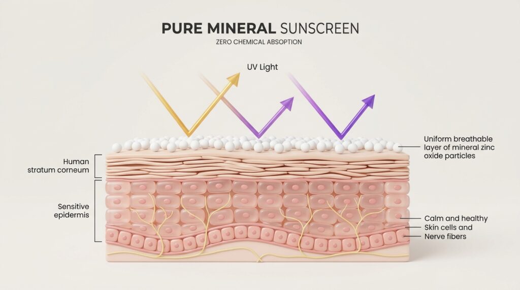 An educational 3D dermatology diagram showing mineral sunscreen particles on the skin surface passively reflecting incoming UV light rays