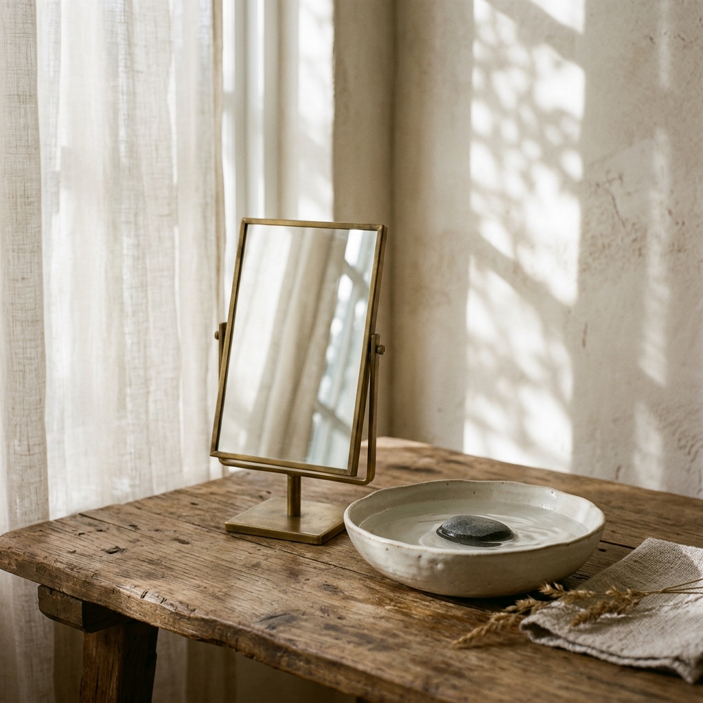 A minimalist brass standing mirror reflecting morning light beside a ceramic water bowl and river stone on an oak table