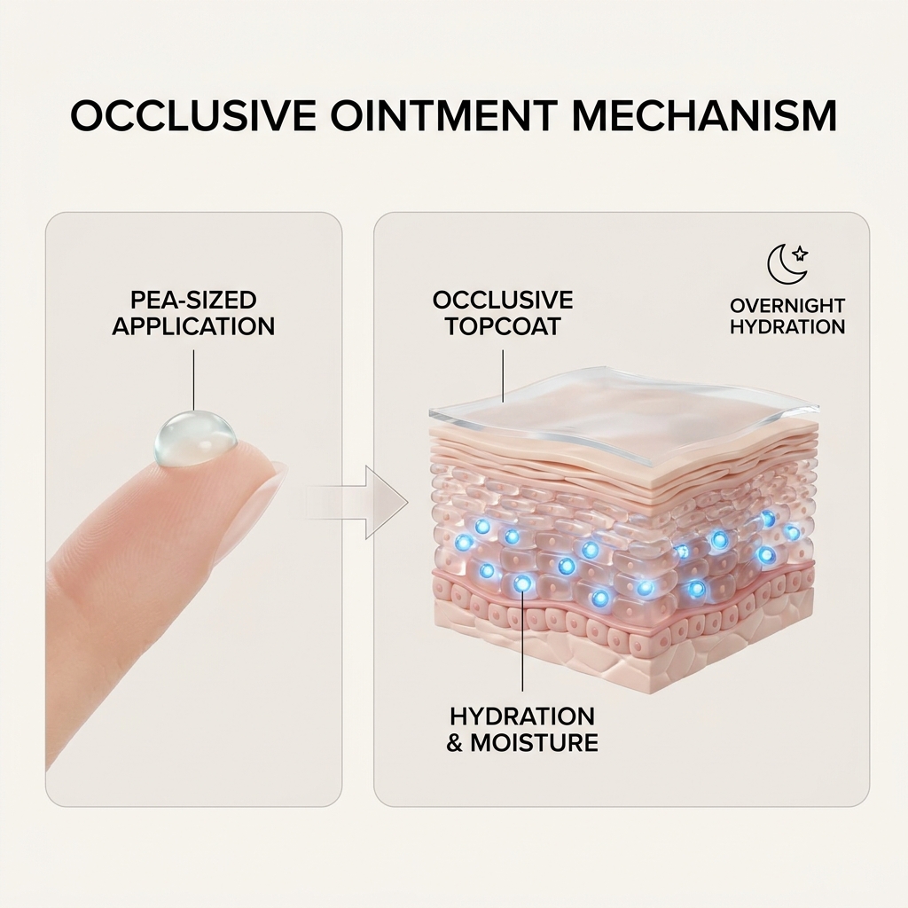 An educational 3D dermatology diagram showing a pea-sized amount of occlusive ointment and a cross-section of its protective topcoat locking in hydration