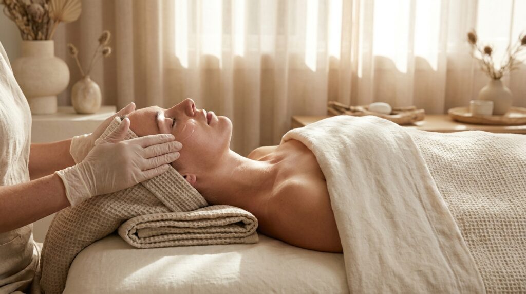Close up of a serene woman lying face up while gentle practitioner hands apply a lightweight hydration serum to her cheek in soft warm light