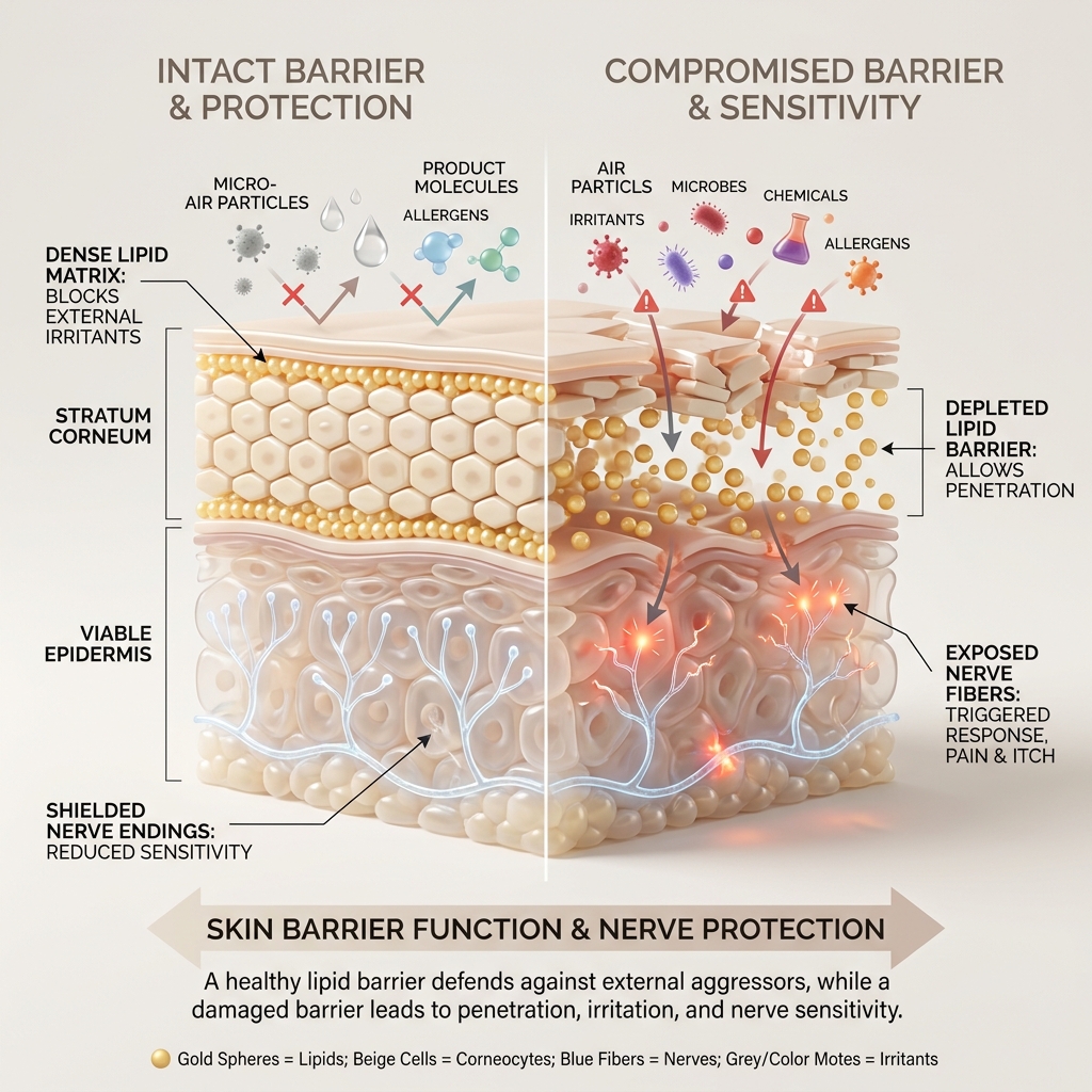An educational 3D cross-section diagram showing how an intact lipid barrier shields delicate nerve endings from air and product irritants compared to a damaged barrier