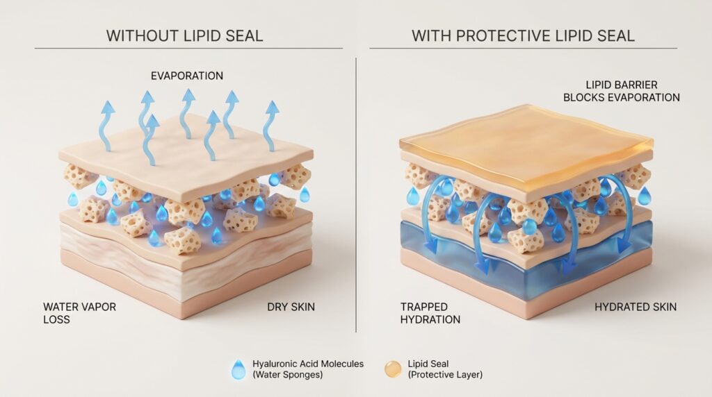 An educational 3D dermatology diagram showing hyaluronic acid binding moisture and a lipid seal preventing water evaporation