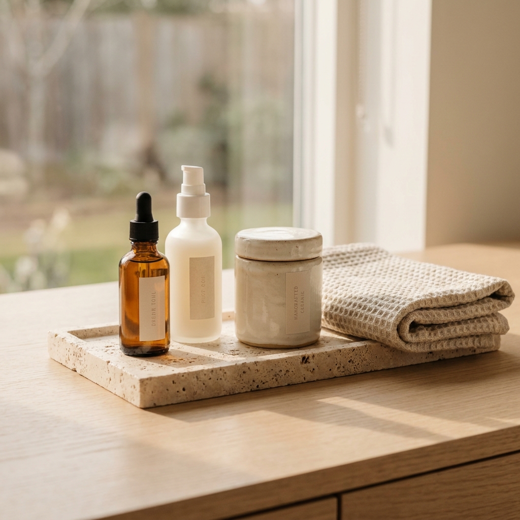 Minimalist skincare products on a stone tray for skin barrier repair routine