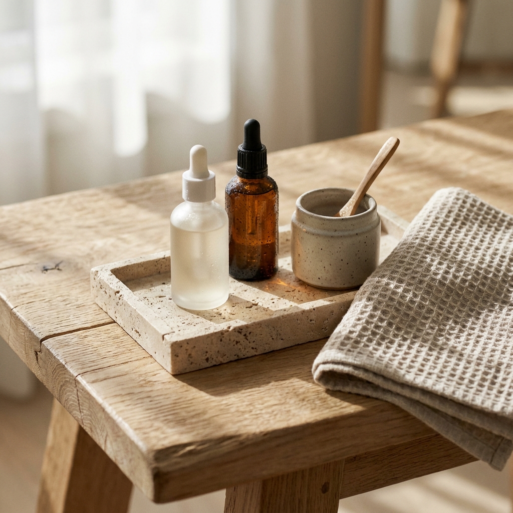 A minimalist skincare trio of frosted glass essence, amber dropper bottle, and ceramic cream jar on a travertine tray in morning sunlight