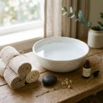 A minimalist still life of a ceramic basin with calm water, rolled linen towels, and a river stone on an oak table in morning light representing a 72-hour skin reset