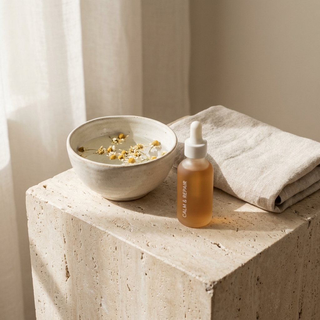 A frosted glass dropper bottle, a ceramic bowl with chamomile water, and a folded linen towel on a travertine stone surface in soft morning light