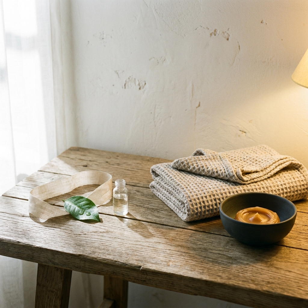 An editorial still life comparing morning lightweight protection with sheer linen and dew against evening recovery with a folded blanket and rich balm