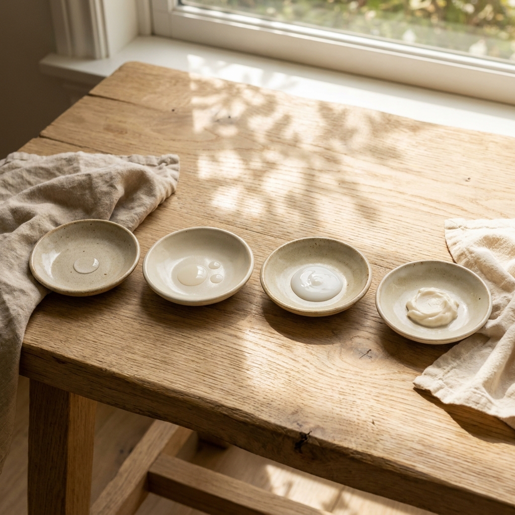 A horizontal sequence of four ceramic dishes showing progressive skincare textures from light water to rich cream on an oak table in morning light