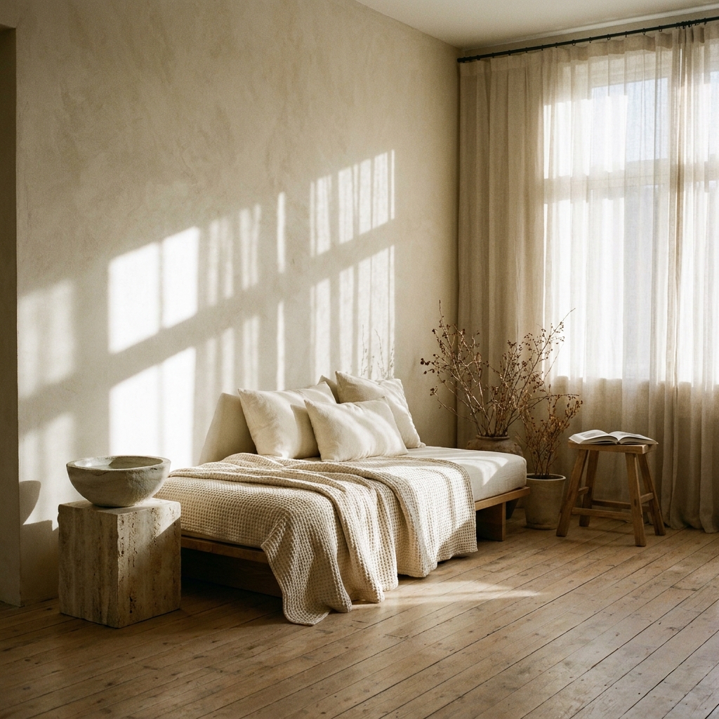 A sunlit minimalist room with a low wooden daybed, linen throw, and a ceramic water bowl on a stone plinth in morning light