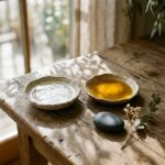 A minimalist still life of two ceramic dishes holding clear water and golden botanical oil on an oak table in morning light
