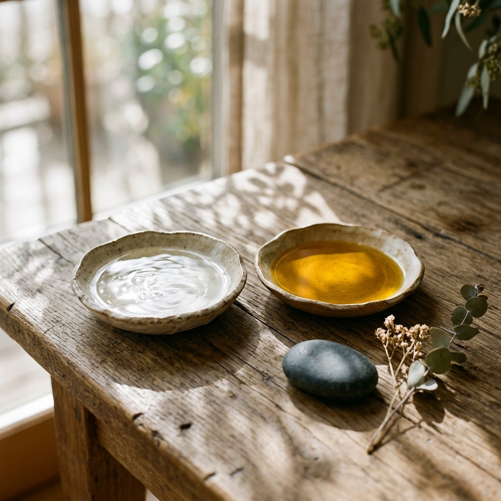 A minimalist still life of two ceramic dishes holding clear water and golden botanical oil on an oak table in morning light