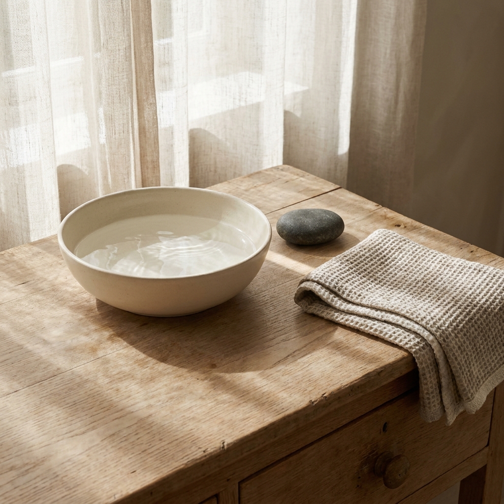 A handcrafted ceramic bowl of clear water beside a dark river stone and folded linen cloth on a light oak table in morning light