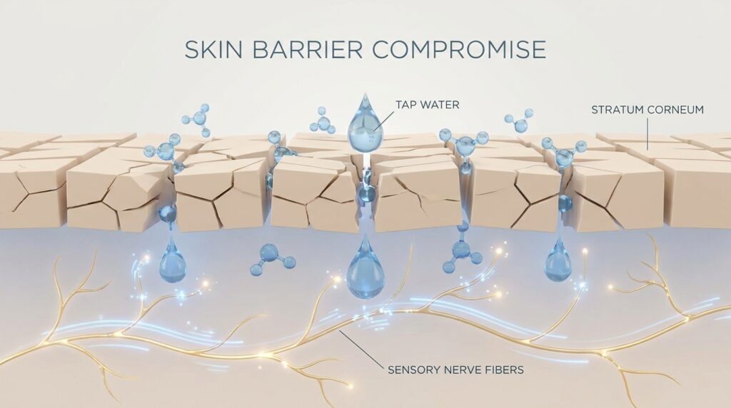 An educational 3D cross-section diagram showing tap water penetrating a damaged lipid barrier to contact exposed sensory nerve fibers