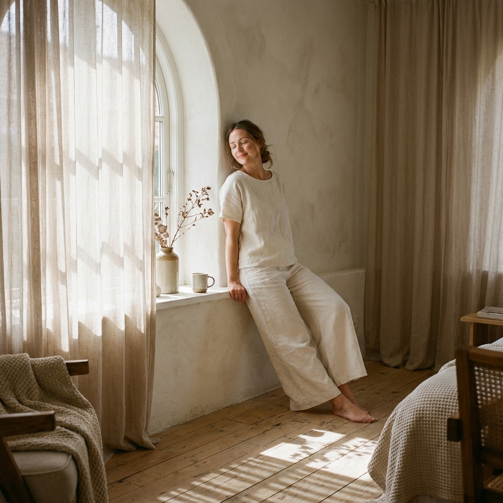 A serene woman in ivory linen loungewear leaning against a minimalist plaster window niche in soft morning sunlight