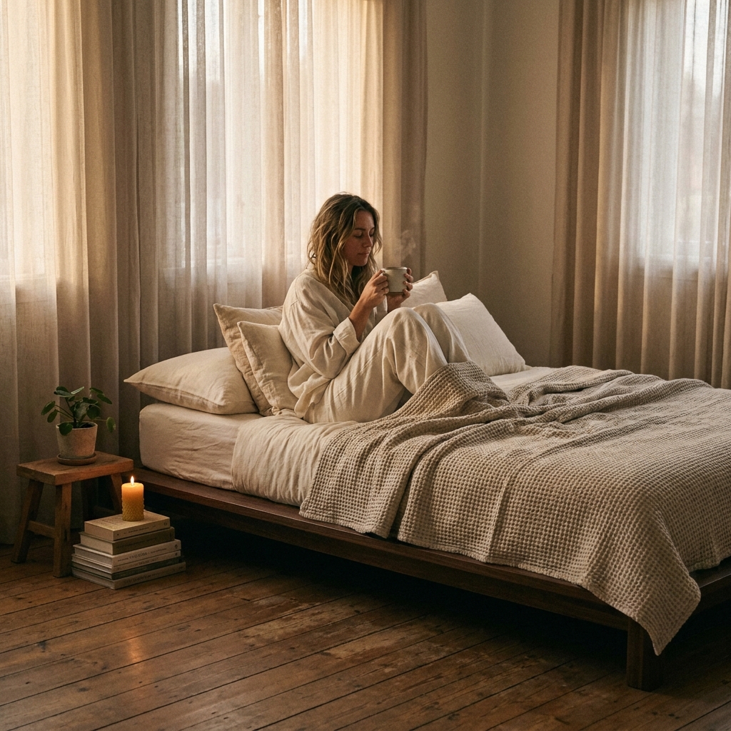 A woman in ivory linen loungewear sitting on a low wooden platform bed draped in an oatmeal blanket in soft evening light