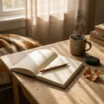 An open linen journal with a wooden pencil, steaming ceramic tea mug, and a dried autumn leaf on an oak table in warm sunlight