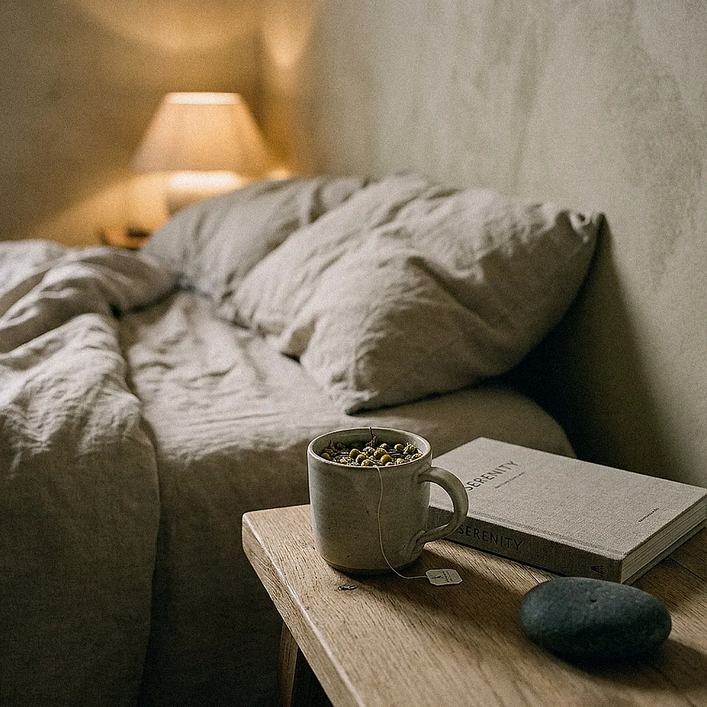 A peaceful bedside still life with a ceramic tea mug, closed linen book, and river stone beside linen bedding in soft evening light