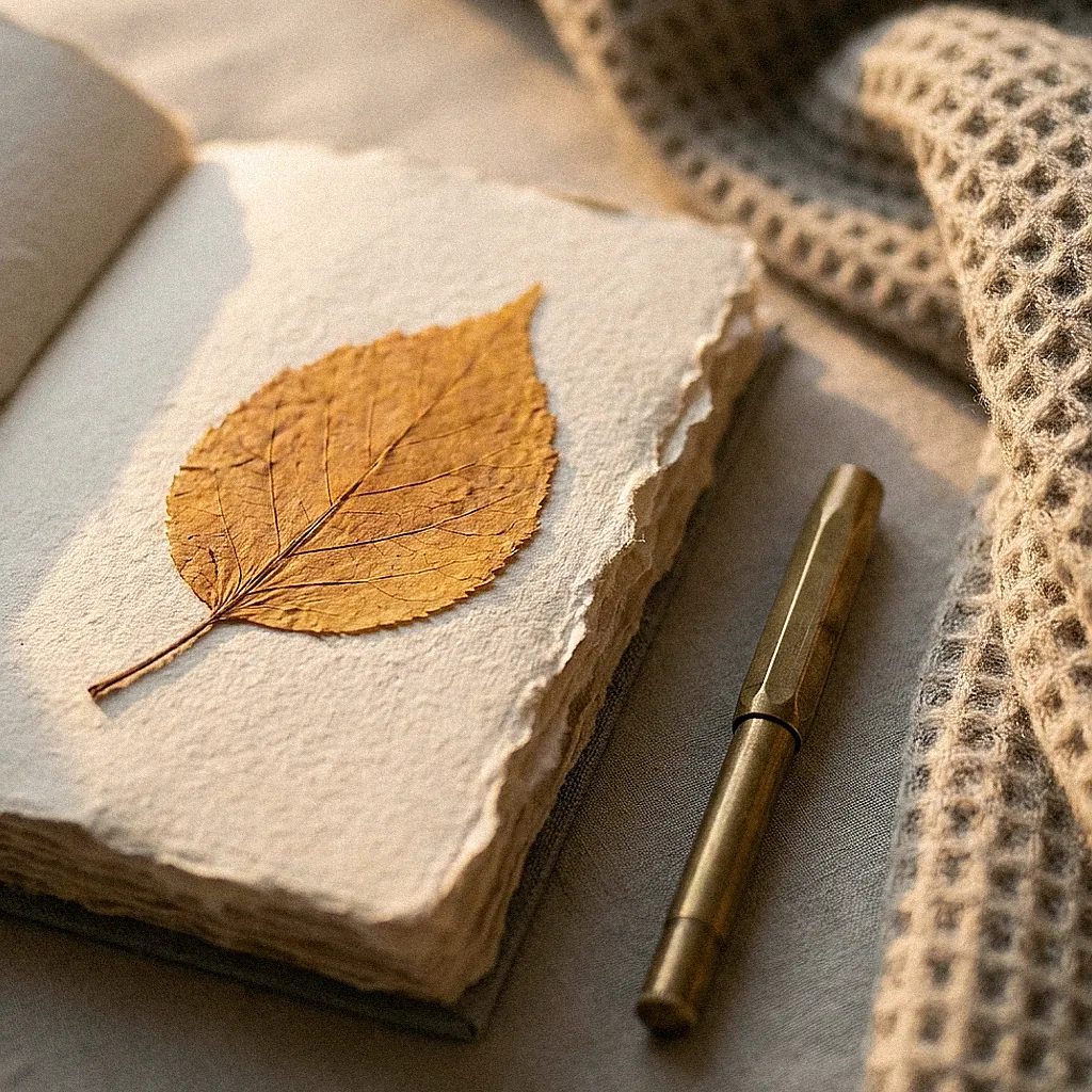 A textured linen notebook open to mindful fall journal prompts with a dried autumn leaf bookmark