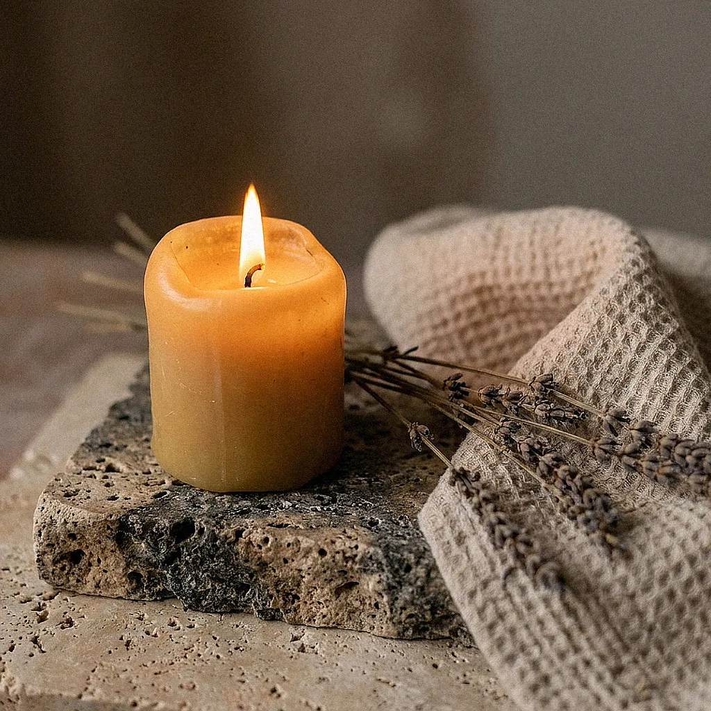 Gentle evening ritual to fix nighttime habits ruining sleep with a glowing beeswax candle and dried lavender on stone