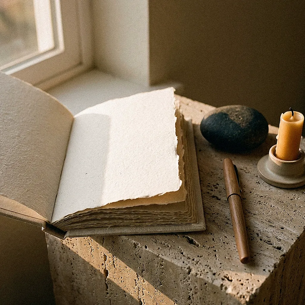 Aesthetic Sunday reset routine journal and planner on travertine stone