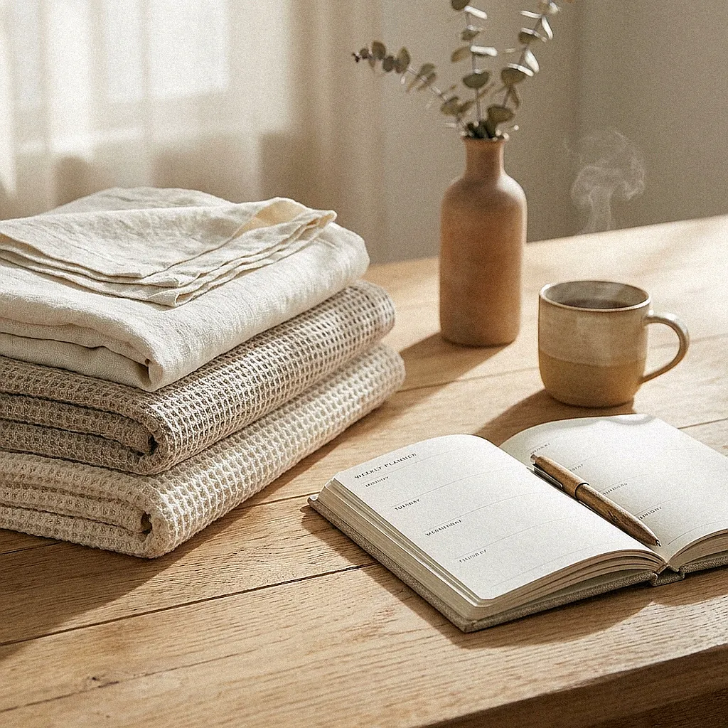 A neat stack of folded linen blankets beside an open planner and ceramic mug on a light oak table in morning light representing a Sunday reset